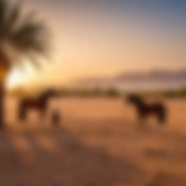 A serene landscape with Arabian horses grazing, symbolizing tranquility and care