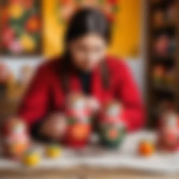 An artisan meticulously painting a matryoshka doll, highlighting the craftsmanship involved in their creation.