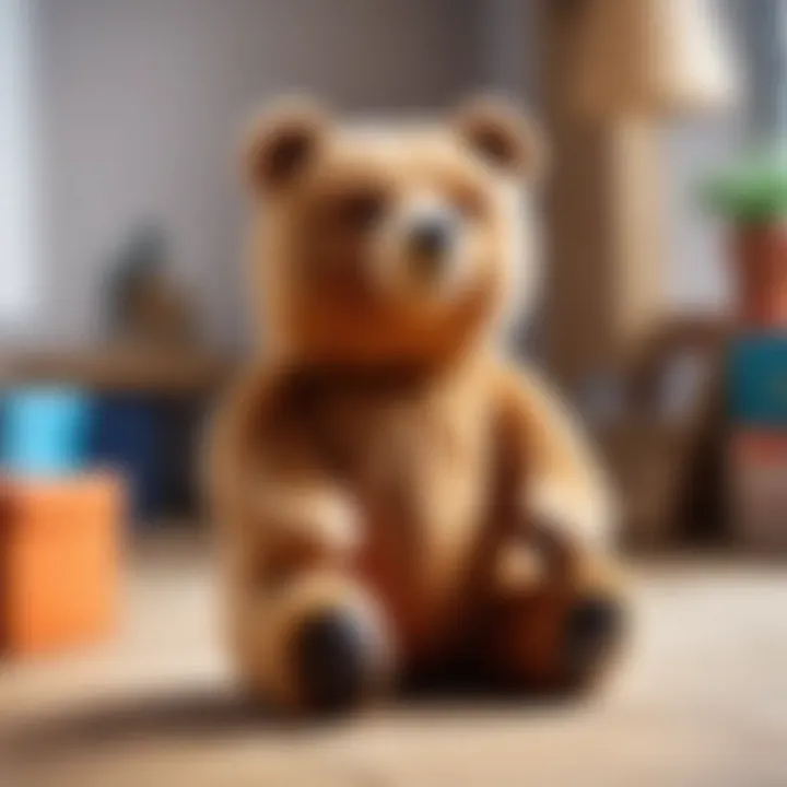 An artistic representation of a bear toy in a playful environment.