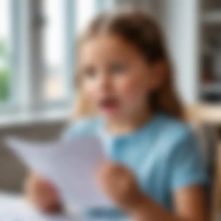 Child practicing pronunciation with a phonetics chart