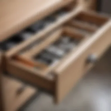 Detailed view of the drawer mechanism in a desk