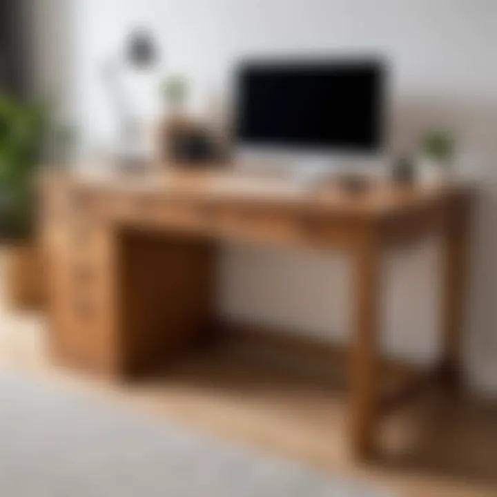 Finished wooden desk with drawers in a home office setup