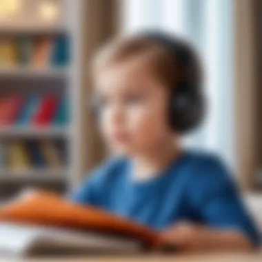 A child listening intently to an audiobook