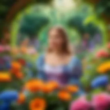 Thumbelina's Enchanted Garden Illustration of Thumbelina in a lush garden surrounded by vibrant flowers