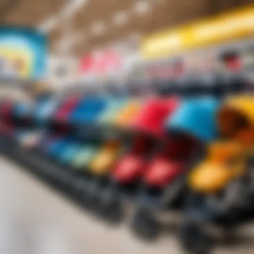 A variety of baby strollers displayed in a store