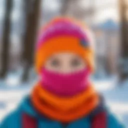 A child wearing a colorful balaclava outdoors