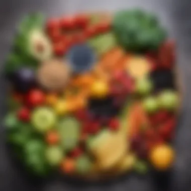 Balanced Diet with Glycine Colorful illustrations of various fruits and vegetables alongside glycine, representing a balanced diet.