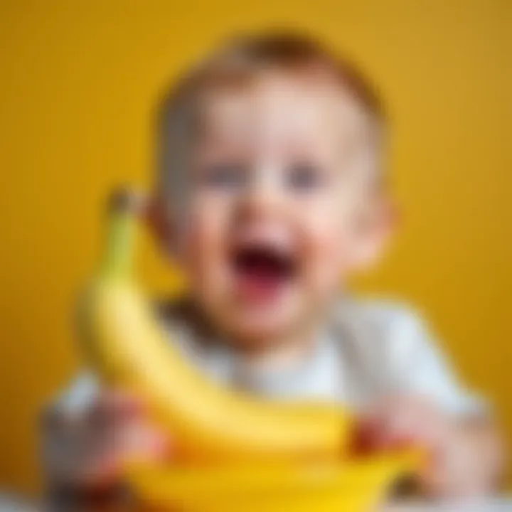 A happy baby enjoying a banana in a nibble feeder