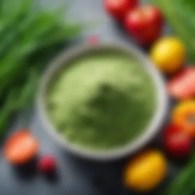 A bowl of green barley grass powder beside fruits and vegetables