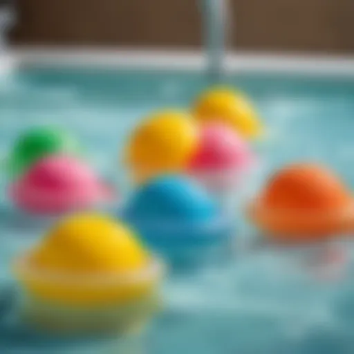 Colorful bath toys floating in water