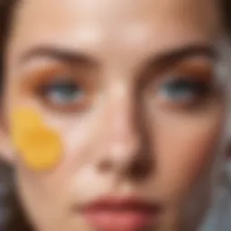 A close-up of eye patches applied under the eyes, showcasing their texture and color.