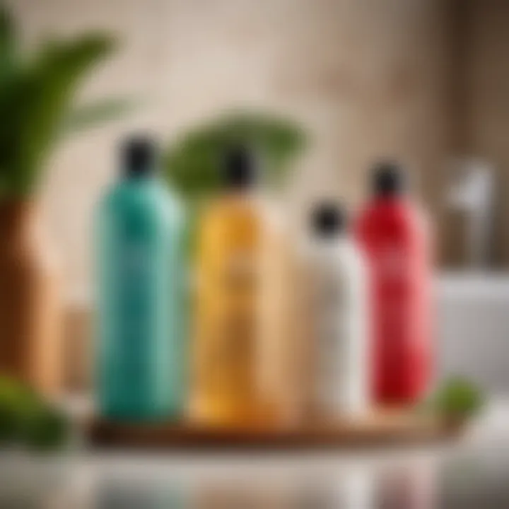 A serene bathroom setting with various shampoo bottles featuring betaine in their ingredients.