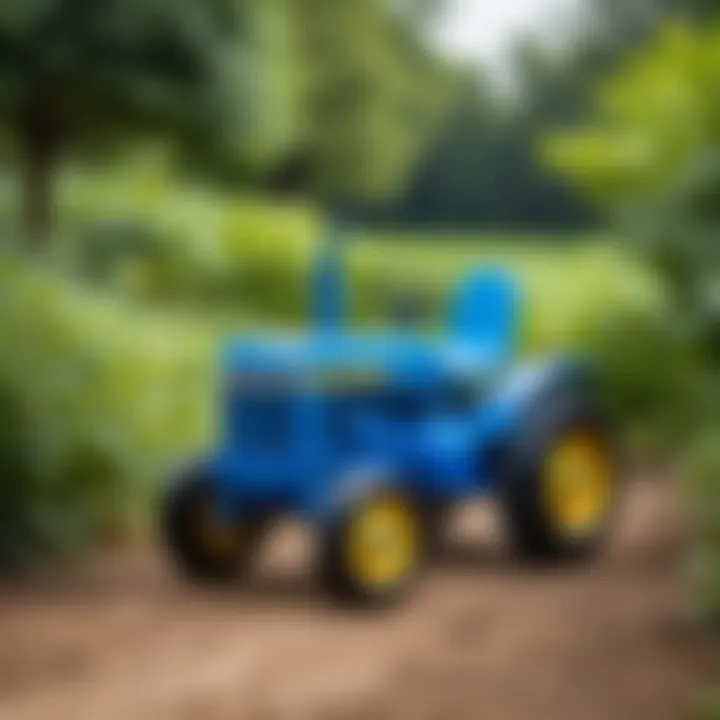 Colorful blue tractor toy in a playful setting