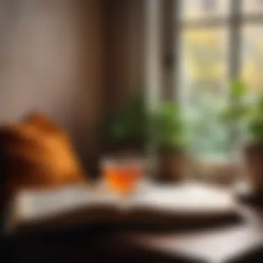 Essence of Self-Discovery Through Literature A cozy reading nook with an open book and a warm cup of tea