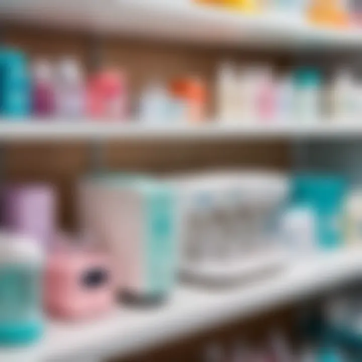 A variety of breast pumps displayed on a pharmacy shelf