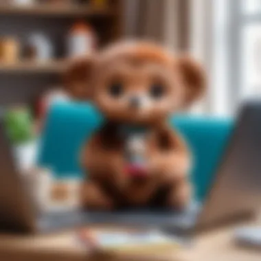Online Shopping for Cheburashka Toys A parent browsing an online store for Cheburashka plush toys on a laptop.