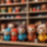 A vibrant collection of Cheburashka toys displayed on a wooden shelf.