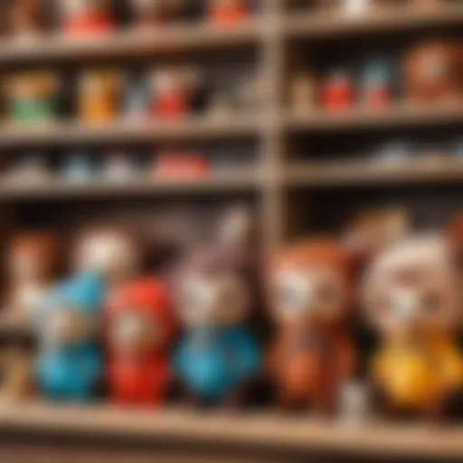 A vibrant collection of Cheburashka toys displayed on a wooden shelf.