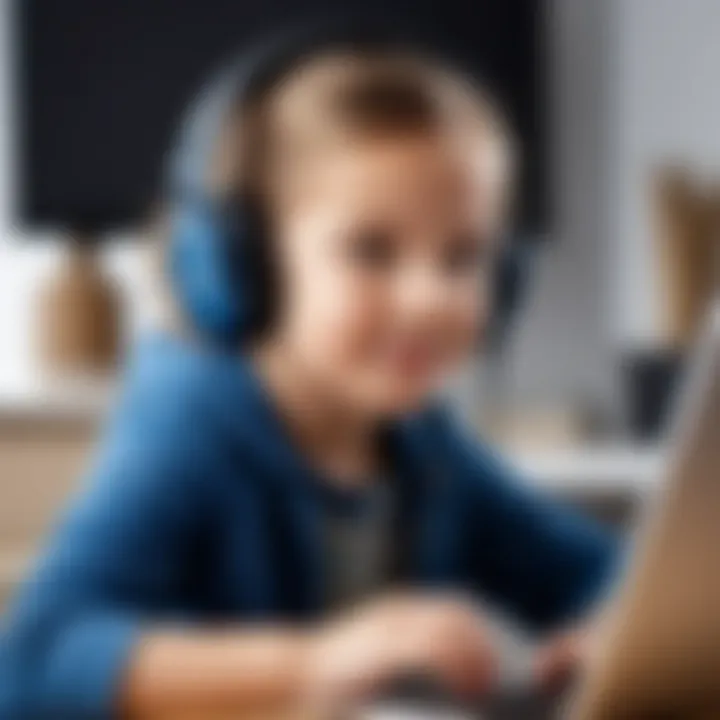 A child comfortably wearing headphones while using a computer.