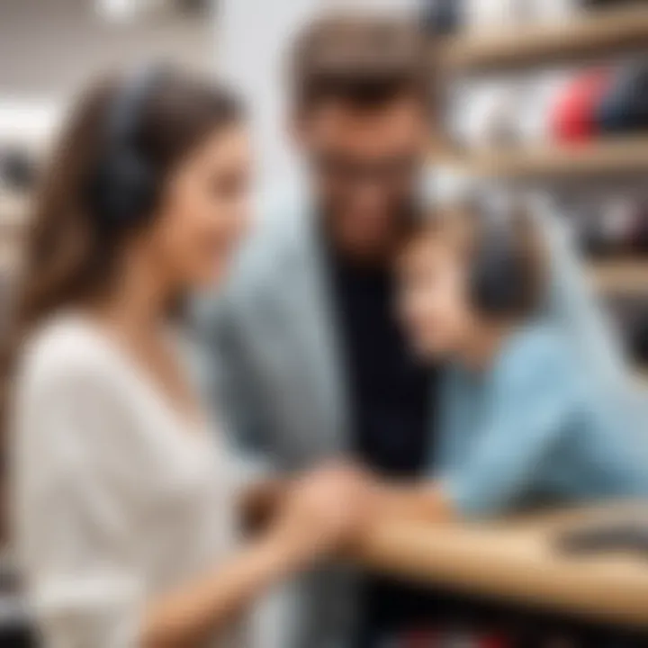 A parent and child selecting headphones at a store, showcasing a variety of options.