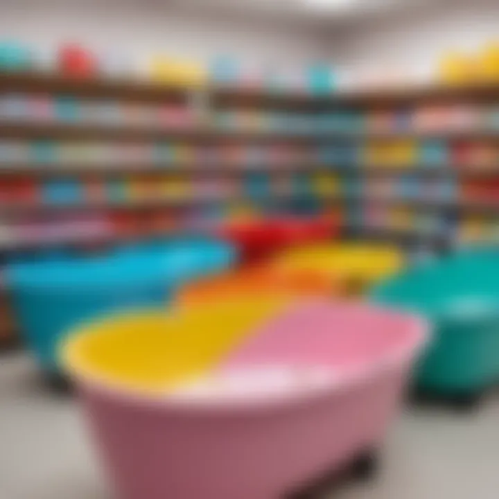 Colorful baby bathtubs displayed in a store.