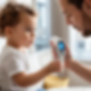 Measuring Temperature Comfortably and Quickly Parent using a non-contact thermometer on a child