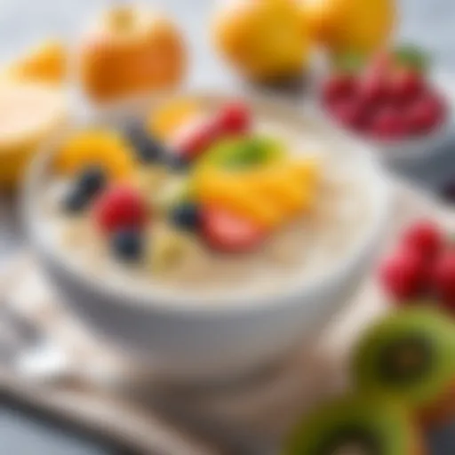 A bowl of creamy milk-based porridge topped with fresh fruits