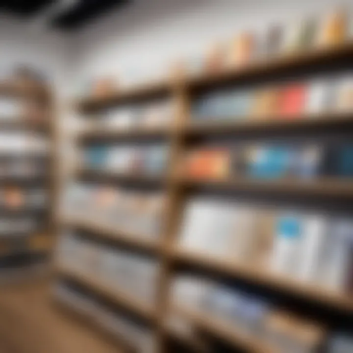 A shelf filled with various canvas products in an art store