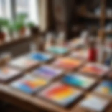 Different types of painting canvases displayed on a table