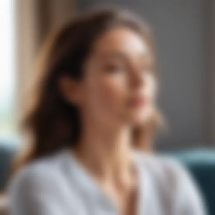 A serene scene of a woman practicing mindfulness or meditation.