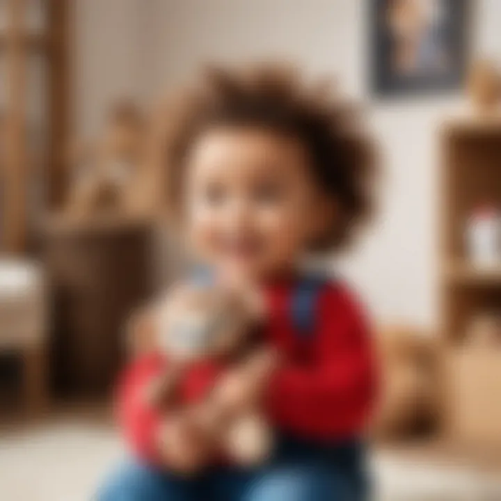 A cheerful child holding a Cheburashka toy in a cozy playroom.