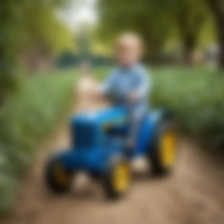 Child playing with the blue tractor, enhancing creativity