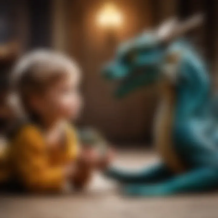 A scene depicting the bond between a child and the small dragon