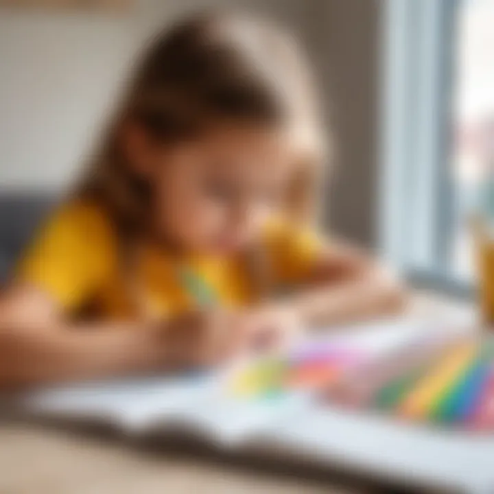 A child drawing in a sketchbook with vibrant colored pencils around.