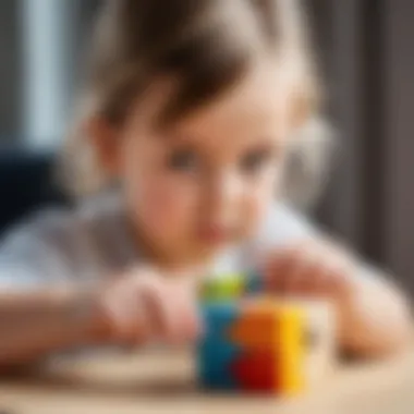 A child engaged with a wooden cube puzzle, focusing intently on assembly