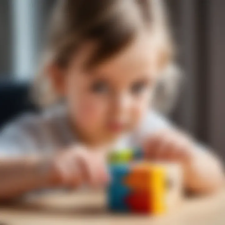 A child engaged with a wooden cube puzzle, focusing intently on assembly