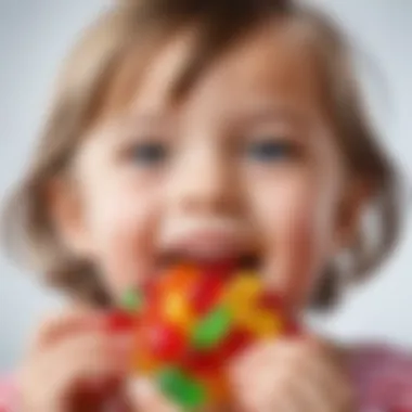 A close-up of a child enjoying a piece of gummy candy, reflecting joy and satisfaction.