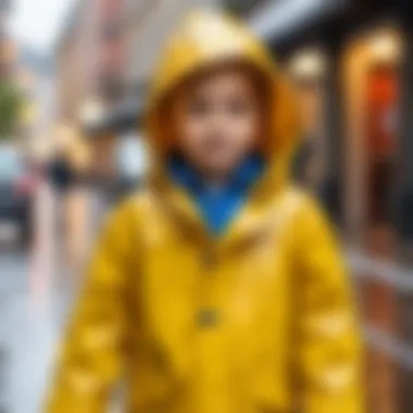 Child wearing a stylish raincoat while playing in the rain