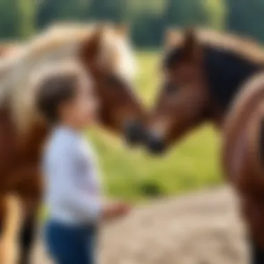 Joyful Interaction with a Small Pony A young child interacting joyfully with a small pony