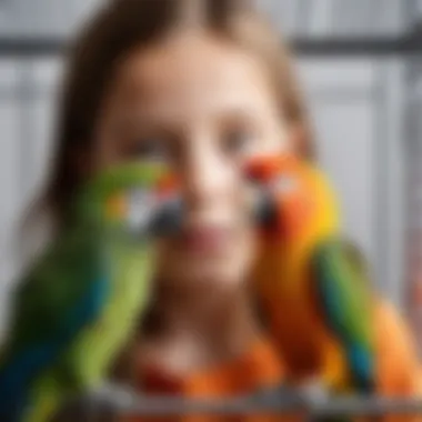 A young child observing a parrot in a cage