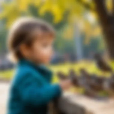 A child observing sparrows in a park setting