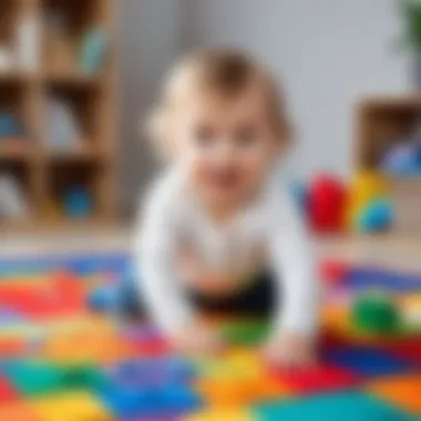 Child playing on a vibrant play mat, surrounded by toys and educational items