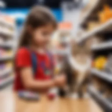 A child selecting an interactive cat toy in a pet store