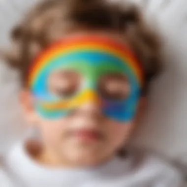 A child peacefully sleeping with a colorful sleep mask