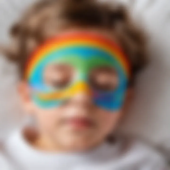 A child peacefully sleeping with a colorful sleep mask