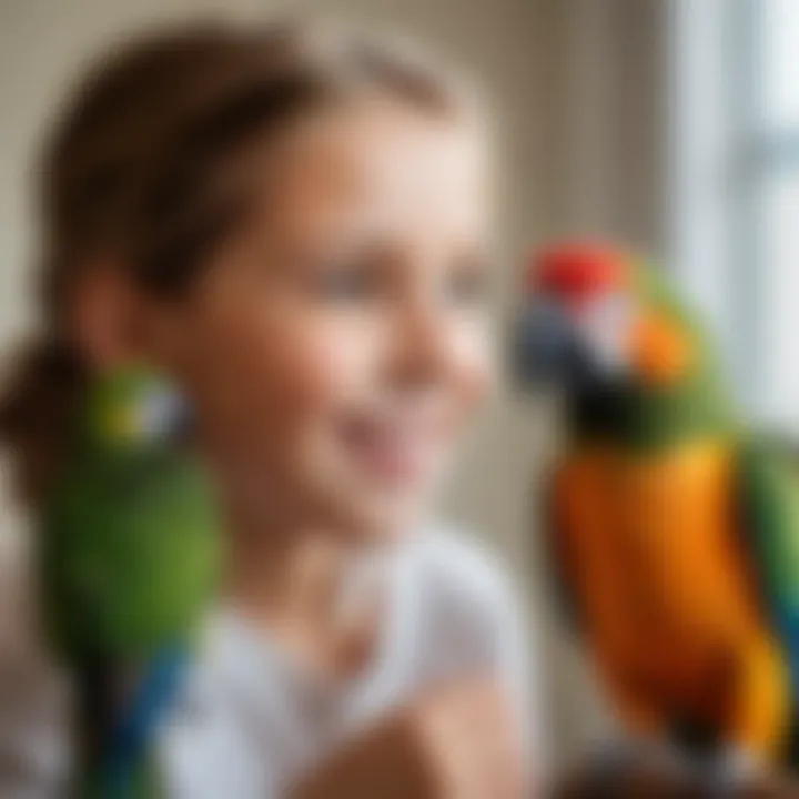 A child smiling while talking to a parrot