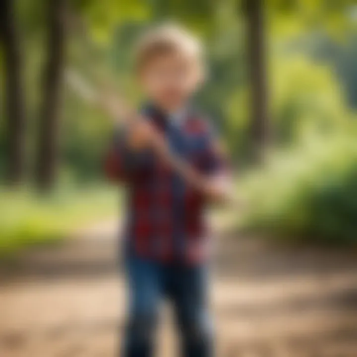 Child learning to use a slingshot for launching