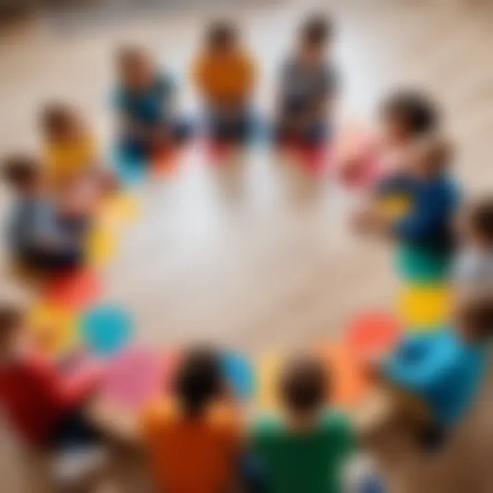 Children enjoying a game with colorful circles.