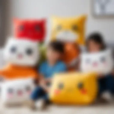 Children happily playing with oversized anime character pillows.