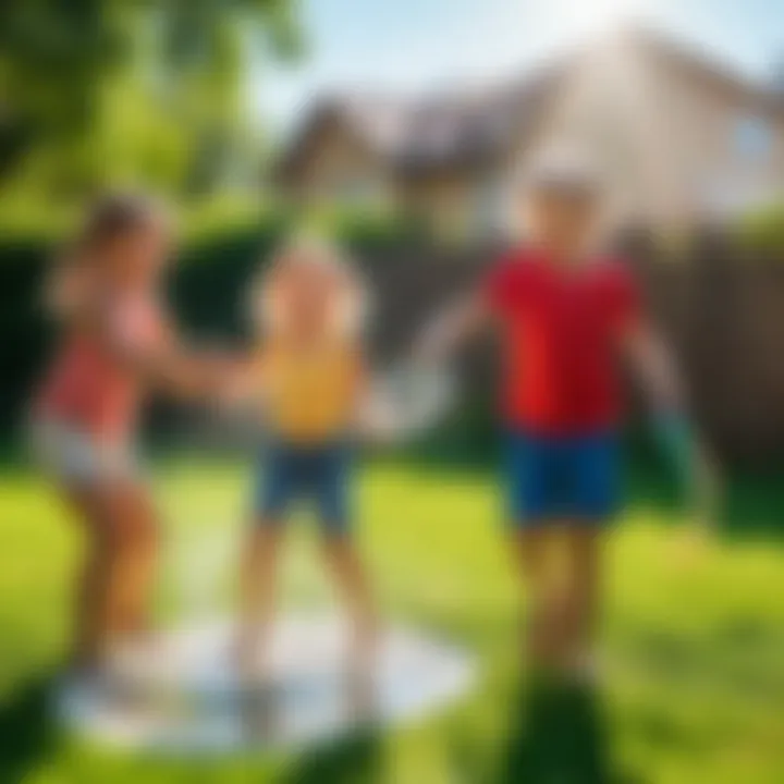 Children playing with water rings in a sunny backyard